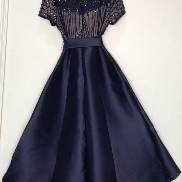 R&M Richards Blue Sequin Embellished Asymmetrical front design Midi Gown Size 12 - Picture 3 of 7